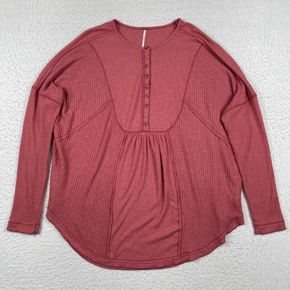 Free People‎ Thermal Top Womens Medium Rose Pink Waffle Knit Henley Oversized